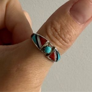Native American turquoise/shell/red inlay ring